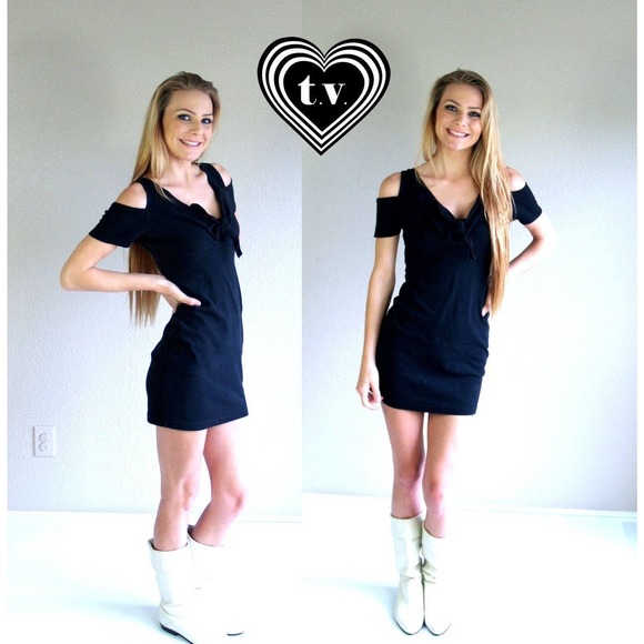 vintage 90s black CUT OUT SHOULDERS Dress Small bandage mini grunge goth bodycon - Picture 1 of 6